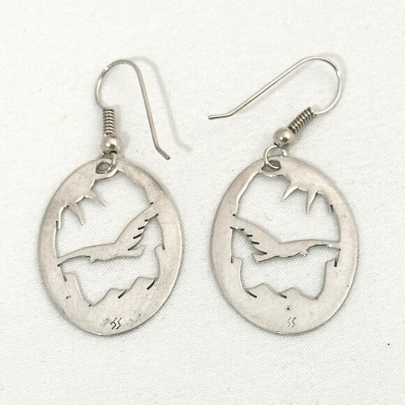 Sterling Silver Bird-In-Flight Cutout Earrings - Signed - Picture 4 of 5